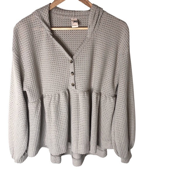 So Thermal Waffle Knit Hooded Top Sz S Peplum Beach Casual Boho Beige Sweatshirt - Picture 4 of 9